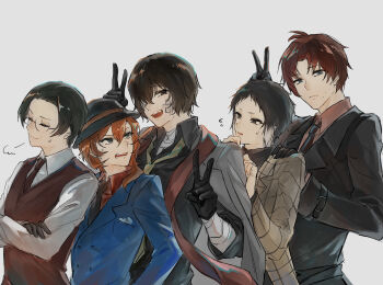 5boys akutagawa_ryuunosuke_(bungou_stray_dogs) bandage_over_one_eye bandaged_arm bandaged_neck bandages beard_stubble black_gloves black_hair black_necktie blue_eyes blue_jacket brown_hair bungou_stray_dogs closed_eyes closed_mouth collared_shirt colored_tips commentary_request crossed_arms dazai_osamu_(bungou_stray_dogs) facial_hair fedora gauze gauze_on_cheek glasses gloves grid_print hat height_difference hiba_riko highres jacket long_sleeves looking_at_another looking_at_viewer male_focus multicolored_hair multiple_boys nakahara_chuuya_(bungou_stray_dogs) necktie oda_sakunosuke_(bungou_stray_dogs) one_eye_covered open_mouth orange_hair pink_shirt red_scarf red_shirt round_eyewear sakaguchi_ango scarf shirt short_hair sidelocks simple_background stubble suit_jacket two-tone_hair upper_body v vest waistcoat white_background white_hair