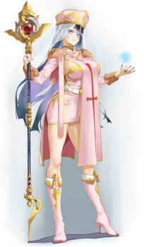 1girl black_hair blue_eyes boots comic_bavel commentary_request dress full_body happoubi_jin hat high_heel_boots high_heels highres holding holding_scepter jewelry long_hair looking_at_viewer magic mitre original pink_boots pink_dress pink_hat ring scepter short_dress smile solo very_long_hair