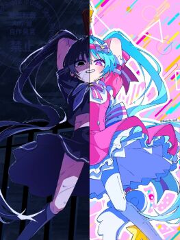 1girl :d arms_behind_head back_bow black_eyes black_hair black_shirt black_skirt black_sky black_socks blue_hair blush bow bow_hairband bowtie breasts bright_pupils circle clenched_teeth cloud commentary_request crop_top cropped_shirt dress dual_persona feet_out_of_frame frilled_sleeves frills grin hair_between_eyes hair_bow hair_intakes hairband halftone halftone_background hatsune_miku highres holding ima_sugu_rinne_(vocaloid) kneehighs legs_apart long_hair mamedaipu8 medium_skirt midriff night open_mouth outdoors outline pantyhose petticoat pink_background pink_bow pink_bowtie pink_dress pink_hairband pink_pupils pleated_skirt puffy_short_sleeves puffy_sleeves purple_eyes rain school_uniform shaded_face shirt short_sleeves simple_background single_empty_eye skirt sky small_breasts smile socks split_theme standing star-shaped_pupils star_(symbol) symbol-shaped_pupils tearing_up teeth triangle twintails twitter_username two-tone_bow two-tone_bowtie very_long_hair vocaloid watermark white_bow white_bowtie white_outline white_pantyhose white_shirt