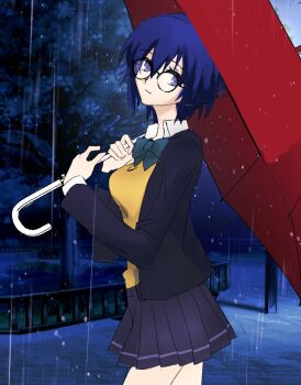 1girl blue_eyes blue_hair blue_jacket ciel_(tsukihime) collar green_ribbon guard_rail jacket long_sleeves looking_at_viewer melty_blood night park rain red_umbrella ribbon school_uniform short_hair skirt sleeve_cuffs tomboy tree tsukihime umbrella