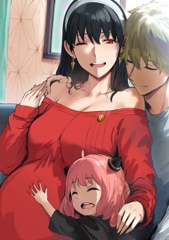 1boy 2girls absurdres affectionate anya_(spy_x_family) bare_shoulders black_hair blonde_hair blush breasts child closed_eyes closed_mouth earrings family father_and_daughter hairband hand_on_another&#039;s_stomach hews highres hug husband_and_wife jewelry laughing long_hair medium_breasts mother_and_daughter multiple_girls one_eye_closed open_mouth pink_hair pregnant red_eyes spy_x_family sweater teeth twilight_(spy_x_family) upper_teeth_only yor_briar
