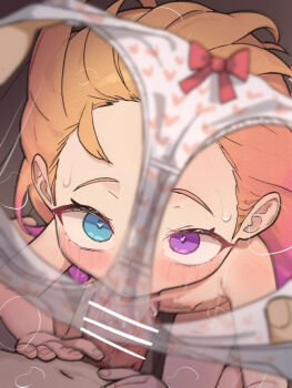 1boy 1girl age_difference bar_censor blue_eyes blush bow bow_panties censored completely_nude eyelashes feet_out_of_frame fellatio flat_chest freckles from_above gradient_hair heart heart-shaped_pupils hetero heterochromia holding holding_panties holding_underwear league_of_legends loli long_hair looking_at_viewer looking_up mimizuki90 multicolored_hair nipples nude oral orange_hair panties penis pov purple_eyes purple_hair sitting solo_focus symbol-shaped_pupils underwear unworn_panties upturned_eyes very_long_hair white_panties zoe_(league_of_legends)