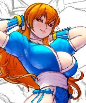 Rule 34 | 1girl, breasts, brown eyes, brown hair, cleavage, dead or alive, kasumi (doa), large breasts, leadapprentice, lips, long hair, looking at viewer, ninja, pelvic curtain, short sleeves, upper body