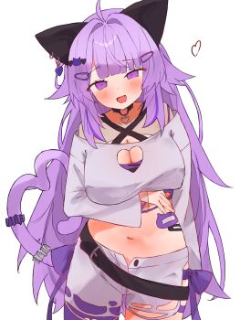 1girl :d absurdres ahoge animal_ears belt black_belt black_choker breasts cat_ears cat_girl cat_tail choker cleavage commentary_request fake_animal_ears grey_shirt grey_shorts hair_flaps hair_ornament hairpin halterneck heart heart_tail highres hololive large_breasts long_hair looking_at_viewer nekomata_okayu nekomata_okayu_(gyaru) o-ring o-ring_choker official_alternate_costume open_mouth purple_eyes purple_hair purple_thighhighs shirt shorts single_thighhigh smile solo tail tepenchi thighhighs very_long_hair virtual_youtuber white_background