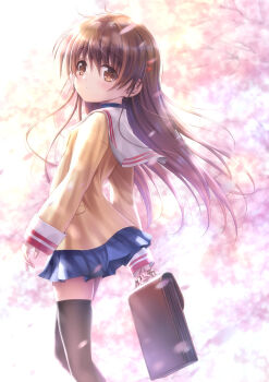 Rule 34 | 1girl, aged up, bag, black thighhighs, blue skirt, brown eyes, brown hair, cherry blossoms, clannad, commentary request, commission, goto p, highres, hikarizaka private high school uniform, jacket, long hair, okazaki ushio, petals, sailor collar, school bag, school uniform, serafuku, skeb commission, skirt, solo, standing, thighhighs, white sailor collar, yellow jacket