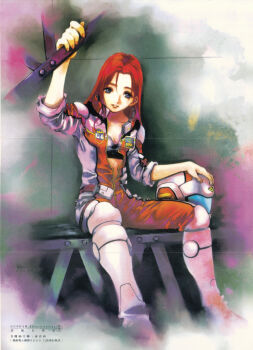 Rule 34 | 1980s (style), 1990s (style), 1girl, absurdres, belt, bench, blue eyes, boots, christina mackenzie, earth federation space forces, gundam, gundam 0080, helmet, highres, holding, holding unworn helmet, long hair, looking at viewer, mikimoto haruhiko, military rank insignia, official art, oldschool, painting (medium), promotional art, red hair, retro artstyle, scan, science fiction, sitting, smile, solo, traditional media, translation request, undressing, unworn headwear, unworn helmet