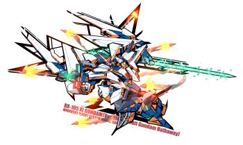 Rule 34 | absurdres, beam rifle, character name, commentary, copyright name, energy gun, energy sword, english commentary, english text, funnels (gundam), green eyes, gundam, gundam hathaway's flash, gylmyr, highres, mecha, missile, mobile suit, no humans, redesign, revision, robot, science fiction, smoke, smoke trail, solo, sword, v-fin, weapon, white background, xi gundam