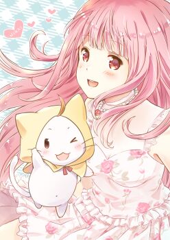 >_o 1girl ahoge animal arm_up bare_shoulders bead_necklace beads blue_background blunt_bangs bow bowtie breasts brown_eyes cat character_name cleavage cloak clothed_animal commentary cowboy_shot dot_nose ear_covers english_commentary floating_hair floral_print flower flower_necklace frilled_shirt frilled_skirt frills happy hood hood_up hooded_cloak jewelry light_blush long_hair looking_at_viewer loose_hair_strand miniskirt miracle_nikki momo_(nikki) navel necklace nikki_(nikki) nikki_(series) one_eye_closed open_mouth pink_hair pink_shirt pink_skirt plaid_background pleated_skirt print_shirt print_skirt rechain red_bow red_bowtie red_flower red_rose rose rose_print see-through_clothes see-through_shirt shirt sidelocks sitting skirt skirt_set sleeveless sleeveless_shirt smile solid_oval_eyes tareme teeth turtleneck turtleneck_shirt upper_teeth_only very_long_hair whiskers white_cat wind yellow_cloak