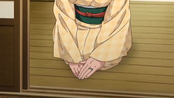 10s 1girl 2014 animated animated_gif ayaka_yoshino_(konna_ni_yasashiku_sareta_no) black_hair blush bowing hair_bun japanese_clothes jewelry kimono kitchen konna_ni_yasashiku_sareta_no mature_female mole mole_under_eye queen_bee_(animation_studio) ring single_hair_bun tagme wedding_ring wooden_floor yukata