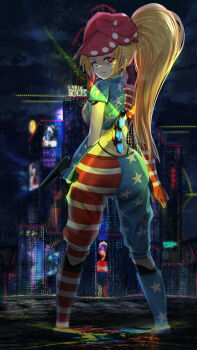 absurdres alternate_costume american_flag artificial_eye ass black_socks cityscape clownpiece commentary crop_top cyberpunk cyberpunk_(series) cyberpunk_2077 english_commentary from_behind gloves gun handgun hat highres holding holding_gun holding_weapon in_water long_hair looking_at_viewer looking_back lyrix_solis mechanical_eye mechanical_spine pants ponytail rain shoes short_sleeves socks touhou weapon