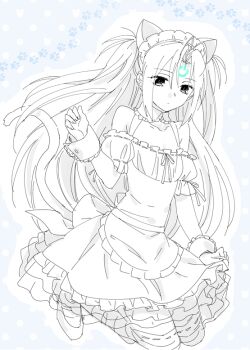 Rule 34 | 1girl, alternate costume, apron, bare shoulders, dress, expressionless, frills, full body, greyscale, ikuhashi muiko, long hair, looking at viewer, monochrome, narrowed eyes, off-shoulder dress, off shoulder, robotics;notes, science adventure, solo, thighhighs, very long hair, yukifune airi, yukifune airi (sister centipede)