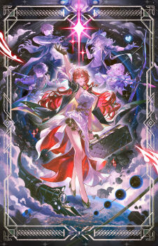 Rule 34 | 2boys, 3girls, arrow (projectile), astral express (honkai: star rail), black hair, bow (weapon), bracelet, breasts, coat, commentary, commission, dan heng (honkai: star rail), drawing bow, dress, english commentary, fedora, floating clothes, floating hair, gloves, hat, hat feather, high heels, highres, himeko (honkai: star rail), holding, holding arrow, holding bow (weapon), holding suitcase, holding weapon, honkai: star rail, honkai (series), jessica wijaya, jewelry, large breasts, long hair, march 7th (honkai: star rail), multiple boys, multiple girls, parted bangs, pink hair, short hair, sidelocks, single glove, stelle (honkai: star rail), suitcase, trailblazer (honkai: star rail), train, watermark, watermark grid, weapon, welt yang