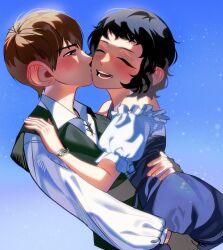 Rule 34 | 1boy, 1girl, achu 0u0, bare shoulders, black hair, blue dress, blue sky, blush, bracelet, brown hair, chilchuck&#039;s wife, chilchuck tims, collared shirt, couple, dress, dungeon meshi, ear blush, facing to the side, freckles, frilled shirt, frills, gloves, green vest, grey gloves, halfling, hand on another&#039;s shoulder, hand on another&#039;s waist, hand up, hetero, highres, hug, husband and wife, jewelry, kiss, kissing cheek, korean commentary, large ears, laughing, light particles, off shoulder, open mouth, profile, shirt, short hair, single glove, sky, upper body, vest, white shirt