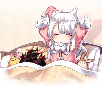 Rule 34 | 1girl, :<, animal ears, arms up, blush, chibi, closed eyes, closed mouth, dated, fur-trimmed headwear, fur trim, hat, konshin, long hair, long sleeves, nightcap, original, pajamas, pillow, pink headwear, pink pajamas, pink shirt, puffy long sleeves, puffy sleeves, shirt, signature, stretching, stuffed animal, stuffed rabbit, stuffed toy, tears, tilted headwear, trembling, under covers, upper body, white hair