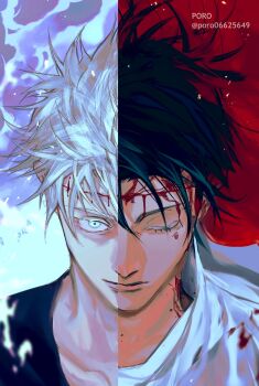 2boys artist_name black_hair black_shirt blood blood_on_face blue_eyes closed_eyes closed_mouth gojou_satoru gojou_satoru_(okkotsu_yuuta) highres jacket jujutsu_kaisen male_focus multiple_boys okkotsu_yuuta red_background rei_(poro06625649) shirt split_screen spoilers twitter_username upper_body white_background white_hair white_jacket