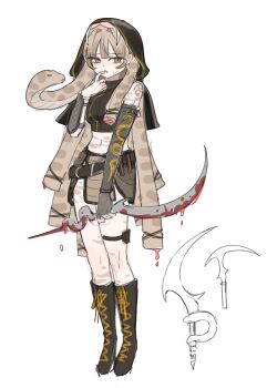 1girl absurdres achaw_x2 bleeding blood bloody_weapon boots brown_hair crop_top finger_to_mouth full_body highres holding holding_weapon injury long_hair looking_at_viewer original scar scars_all_over self-harm simple_background slit_pupils snake_hair solo too_many weapon white_background