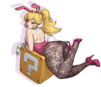 1girl absurdres animal_ears blonde_hair blue_eyes breasts commentary crown earrings english_commentary fake_animal_ears fake_tail floral_print_pantyhose gloves high_heels highres hooked_on_heel jewelry lace_pantyhose lace_pantyhose_hooked_on_heel_(meme) leotard long_hair looking_at_viewer mario_(series) meme nintendo pantyhose pantyhose_tug pink_leotard pink_shoes playboy_bunny princess_peach rabbit_ears rabbit_tail riz shoes simple_background solo sphere_earrings strapless strapless_leotard tail white_background