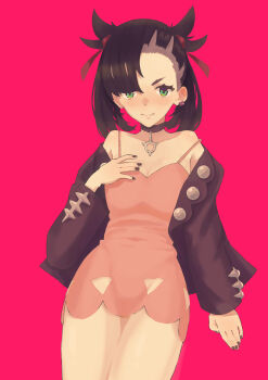 1girl absurdres asymmetrical_bangs black_choker black_hair black_jacket black_nails blush breasts choker cleavage closed_mouth collarbone dress earrings green_eyes hair_ribbon highres jacket jewelry marnie_(pokemon) medium_breasts nintendo off_shoulder pink_dress pokemon pokemon_swsh red_background red_ribbon ribbon simple_background single_earring solo stud_earrings takayanagi_naoki thighs twintails undercut