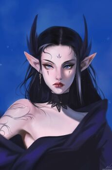 1girl black_choker black_hair black_robe blue_background blue_eyes choker commentary earrings english_commentary facial_tattoo forehead_tattoo frown hair_flaps highres jewelry lip_tattoo nebula_(neebulaart) off_shoulder original pointy_ears portrait realistic robe shoulder_tattoo signature solo tattoo