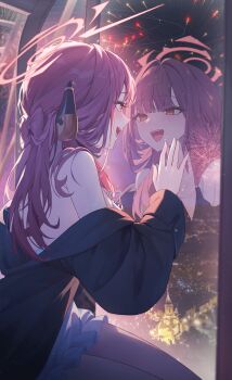 1girl absurdres aerial_fireworks alternate_costume aru_(blue_archive) black_jacket blue_archive blush bow-shaped_hair commentary demon_horns dress ferris_wheel_interior fireworks halo highres horns jacket jacket_partially_removed jw_(wrdawrda) looking_outside pink_hair reflection sitting smile symbol-only_commentary thighs white_dress