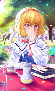 absurdres alice_margatroid blonde_hair blue_dress book capelet dress falling_petals floral_background frilled_hairband frilled_sash frills grimoire grimoire_of_alice hairband highres hirwannew petals sash touhou