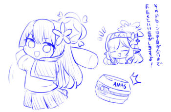 2girls :d ^^^ baseball_bat blue_archive blue_theme blush chibi closed_eyes crossover flower hair_flower hair_ornament hairband halo himari_(blue_archive) holding holding_baseball_bat long_hair miranofuudoria monochrome multiple_girls notice_lines open_mouth pleated_skirt pointy_ears robot sailor_collar saten_ruiko school_uniform serafuku shirt short_sleeves simple_background skirt smile toaru_kagaku_no_railgun toaru_majutsu_no_index translation_request very_long_hair white_background