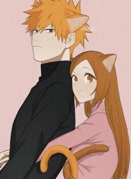 Rule 34 | 1boy, 1girl, absurdres, animal ears, black sweater, bleach, brown eyes, brown hair, cat day, cat ears, cat tail, closed mouth, commentary request, extra ears, from side, hair between eyes, head on another's back, height difference, highres, hug, hug from behind, inoue orihime, intertwined tails, kurosaki ichigo, long hair, looking at viewer, momo ka1010, orange hair, pink background, pink sweater, short hair, spiked hair, sweater, tail, turtleneck, turtleneck sweater, upper body