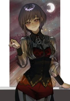 1girl :3 absurdres amoris_(bang_dream!) bang_dream! bang_dream!_it&#039;s_mygo!!!!! black_corset blush character_name closed_mouth commentary_request corset garter_straps highres long_sleeves looking_at_viewer nail_polish partial_commentary pink_eyes purple_hair red_nails red_shorts rushinada short_hair shorts solo twitter_username yuutenji_nyamu