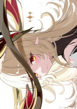 1girl absurdres alice_(genshin_impact) blonde_hair commentary_request cowlick elf genshin_impact highres long_hair looking_at_viewer looking_back magnet_8_8 orange_eyes pointy_ears portrait side_ahoge simple_background sketch smile white_background