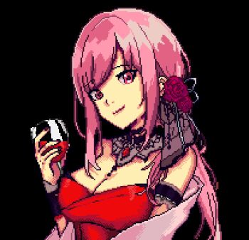1girl alcohol animated animated_gif blush breasts cleavage collarbone cup dress drinking_glass eevz flower hololive hololive_english large_breasts long_hair looking_at_viewer lowres mori_calliope mori_calliope_(party_dress) official_alternate_costume pink_eyes pink_hair pixel_art red_dress smile transparent_background virtual_youtuber wine wine_glass