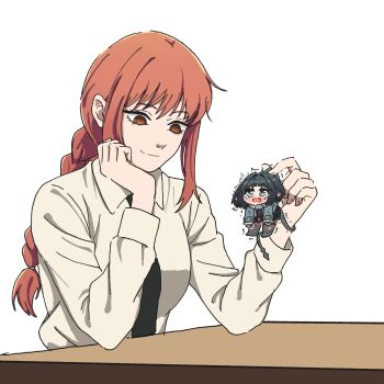 2girls animal_ears black_hair black_necktie bluebird_(leh951025) blush braid chainsaw_man closed_mouth collared_shirt crossover crying crying_with_eyes_open fang green_eyes highres holding jacket jane_doe_(zenless_zone_zero) long_hair long_sleeves long_tail looking_at_another makima_(chainsaw_man) mini_person minigirl mouse_ears multiple_girls necktie open_mouth pantyhose raised_inner_eyebrows red_hair ringed_eyes scared sharp_tail shirt shoes single_braid single_leg_pantyhose single_thighhigh size_difference smile tail tail_wrap tears thighhighs torn_clothes torn_pantyhose torn_thighhighs trembling wing_collar zenless_zone_zero