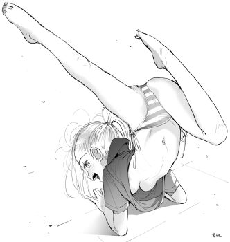 Rule 34 | 1girl, :d, bare legs, barefoot, blush, breasts, female focus, from behind, full body, greyscale, handstand, hanging breasts, highres, looking at viewer, looking back, masuda (yousaytwosin), medium breasts, monochrome, navel, no bra, open mouth, original, panties, shirt, side-tie panties, signature, smile, solo, striped clothes, striped panties, underboob, underwear, upshirt