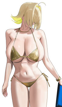 1girl bare_shoulders bikini blonde_hair breasts cleavage commentary elegg_(nikke) english_commentary goddess_of_victory:_nikke gold_bikini hair_intakes hair_over_eyes highres large_breasts long_bangs navel nhaliz short_hair smile solo swimsuit thighs
