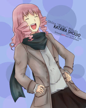Rule 34 | 1girl, 4chan, blue background, breasts, circle, cold, dated, drill hair, groundzeroace, jacket, katawa shoujo, laughing, long hair, mikado shiina, pink hair, scarf, shirt, short hair, smile