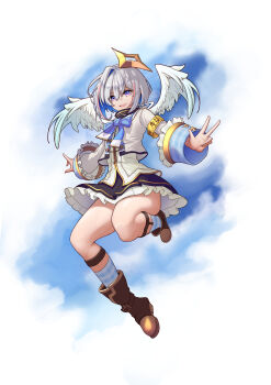 1girl absurdres aiguillette amane_kanata amane_kanata_(1st_costume) angel_wings armband arms_at_sides asymmetrical_hair black_boots black_skirt blue_bow blue_bowtie blue_hair blue_socks blue_wings bob_cut boots bow bowtie cloud colored_inner_hair commentary cropped_jacket feathered_wings flying frilled_skirt frills full_body gingham_socks gradient_wings grey_hair halo highres hololive jacket kneehighs knees_up legwear_garter long_sleeves looking_at_viewer miniskirt multicolored_hair multicolored_wings pink_streaks purple_eyes realapple sailor_collar shirt short_hair single_hair_intake skirt sky sleeve_cuffs socks solo star_halo streaked_hair sweat thick_thighs thighs tilted_halo turtleneck v-shaped_eyebrows very_sweaty virtual_youtuber white_jacket white_sailor_collar white_shirt white_wings wide_sleeves wings