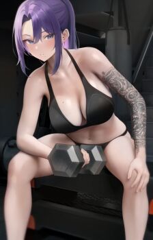 1girl arm_tattoo black_bra blue_eyes bra breasts cleavage dumbbell earrings exercising hand_on_own_knee indoors jewelry large_breasts leaning_forward mole mole_on_breast navel original ponytail preview_(preview0) purple_hair sitting skindentation solo sports_bra spread_legs tattoo tattoo_sleeve underwear