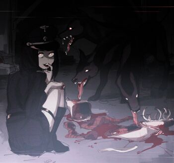 1girl animal belt black_belt black_boots blood bone boots cerberus dog eating epaulettes finger_in_own_mouth glowing glowing_eyes grey_epaulettes guro hand_on_own_knee hat highres insignia intestines kill-chan leather_belt long_tongue looking_back military_dress_uniform military_uniform monster nazi orange_eyes original pale_skin peaked_cap reichsadler saki_(c_ybrbnby) saliva sharp_teeth sitting skirt ss_uniform teeth thigh_strap thighs tongue totenkopf upper_teeth_only very_long_tongue waffen-ss world_war_ii