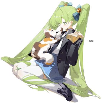 bell black_shoes blue_skirt bow calico_(pattern) calico_cat cat center-flap_bangs dress_shirt green_eyes grey_hair hair_bell hair_bow hair_ornament hatsune_miku helic_(7317helic) highres jacket knee_up long_hair pleated_skirt shirt shoes sitting skirt suit_jacket thighhighs twintails very_long_hair vocaloid wariza white_shirt white_thighhighs
