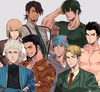 6+boys ace_attorney beanie black_hair blonde_hair blue_eyes bomber_jacket brown_eyes brown_hair capcom closed_mouth coat crossed_arms crossover dark_skin devil_may_cry devil_may_cry_(series) devil_may_cry_3 dress facial_hair fatal_fury fingerless_gloves formal_clothes fushiguro_touji garou:_mark_of_the_wolves gloves hat highres jacket judge_eyes jujutsu_kaisen kaburagi_t._kotetsu kaito_masaharu kiryu_kazuma looking_at_viewer looking_back male_focus multiple_boys muscular nipples orange_shirt phoenix_wright ryuu_ga_gotoku_(series) ryuu_ga_gotoku_6 scar sega shirt short_hair smile snk spy_x_family suit sweater terry_bogard the_king_of_fighters tiger_&amp;_bunny tirtyturtle trait_connection twilight_(spy_x_family) vergil_(devil_may_cry) vest white_hair yakuza