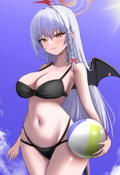 1girl absurdres alternate_costume armpit_crease arms_at_sides ball beachball bikini black_bikini blue_archive blue_sky blush bow braid breasts cleavage collarbone cowboy_shot curvy day demon_girl demon_tail demon_wings eyelashes grey_hair groin hair_between_eyes hair_bow hair_intakes halo haruna_(blue_archive) highres holding holding_ball holding_beachball large_breasts liiigang long_hair looking_at_viewer multi-strapped_bikini_bottom navel outdoors parted_lips piercing red_bow red_eyes red_halo single_braid single_wing skindentation sky smile solo stomach straight_hair swimsuit tail tsurime very_long_hair wing_piercing wings
