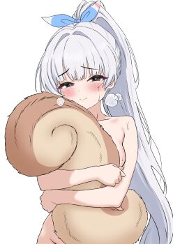 1girl 3: absurdres black_eyes blue_ribbon blush closed_mouth commission cowboy_shot embarrassed hair_ribbon heavy_breathing highres hugging_own_tail hugging_tail implied_nudity long_hair looking_at_viewer maplestory oldsickkim player_character_(maplestory) ponytail ribbon simple_background solo squirrel_tail sweat tail very_long_hair white_background white_hair