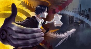 Rule 34 | 1boy, aquiline nose, bandaged head, bandages, black eyes, black hair, black necktie, black suit, body markings, book, brush stroke, chrollo lucilfer, cityscape, collared shirt, commentary, cross tattoo, curtained hair, earrings, english commentary, faux traditional media, foreshortening, formal clothes, highres, holding, holding book, hunter x hunter, hyskoa 4, indoor fish, jewelry, looking ahead, male focus, necktie, nen (hunter x hunter), nen beast, new york city, night, nose, outstretched arms, painterly, parted lips, shirt, short hair, solo, spread arms, suit, tattoo, white shirt