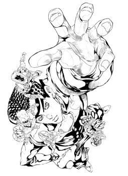 anchor_symbol araki_hirohiko_(style) contrapposto crazy_diamond crosshatching earrings echoes_(stand) echoes_act1 foreshortening from_above gakuran greyscale hand_on_own_hip hatching_(texture) heart higashikata_josuke jewelry jojo_no_kimyou_na_bouken liberty_(rirodorirait) monochrome official_style pin pompadour reaching school_uniform stand_(jojo) standing star_platinum the_hand_(stand) zipper