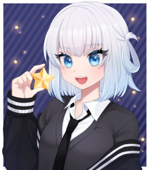 Rule 34 | 1girl, black jacket, black necktie, black sweater vest, blue background, blue hair, blush, bob cut, border, buttons, collared shirt, commentary request, diagonal-striped background, fangs, hair rings, hand up, highres, holding, holding star, jacket, looking at object, machi no hito, medium hair, nanase suzuna, necktie, nijisanji, off shoulder, open mouth, outside border, school uniform, shirt, single hair ring, solo, standing, star (symbol), star symbol background, striped background, sweater vest, upper body, virtual talent academy, virtual talent academy school uniform, virtual youtuber, white border, white shirt