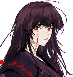 Rule 34 | 1girl, black hair, commentary, highres, long hair, looking at viewer, lower teeth only, mole, mole under eye, open mouth, original, red eyes, simple background, siy (shengxiu760722), solo, teeth, upper body, white background