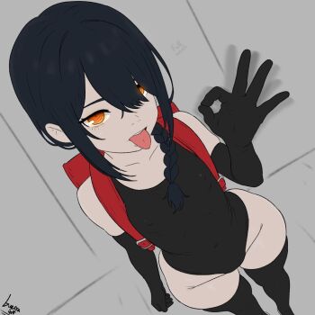 1girl backpack bag black_gloves black_hair black_one-piece_swimsuit black_thighhighs braid braided_ponytail breasts chainsaw_man covered_erect_nipples covered_navel elbow_gloves fellatio_gesture gloves guerraart hair_over_one_eye hair_over_shoulder highleg highleg_one-piece_swimsuit kyojiri_loli loli long_hair looking_at_viewer nayuta_(chainsaw_man) ok_sign one-piece_swimsuit orange_eyes randoseru red_bag ringed_eyes signature single_braid small_breasts solo standing swimsuit thighhighs thighs tongue tongue_out
