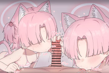 1boy 2girls animal_ear_fluff animal_ears aog bar_censor bikini blue_archive blush breasts cat_ears cat_girl cat_tail censored chlorella_observation_club_member_(blue_archive) chlorella_observation_club_member_(swimsuit)_(blue_archive) commentary faceless faceless_male fellatio ffm_threesome group_sex hair_bobbles hair_ornament halo handjob hetero highres licking licking_nipple licking_penis loli multiple_girls nipple_stimulation nipple_tweak official_alternate_costume oral penis pink_bikini pink_hair pink_halo pov small_breasts striped_bikini striped_clothes swimsuit tail testicles threesome tongue tongue_out two_side_up