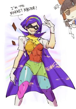 2girls abs blue_hair bodysuit bodysuit_under_clothes breasts cape english_text gloves gretia hairband hakurei_reimu mask medium_breasts multicolored_clothes multicolored_hairband multiple_girls patchwork_clothes pointing pointing_up rainbow_gradient red_button short_hair simple_background sky_print smile superhero_costume tenkyuu_chimata touhou two-sided_cape two-sided_fabric what white_background white_cape white_gloves