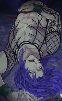 1boy arm_tattoo blood blood_from_mouth diavolo dying fingernails fishnet_top fishnets highres injury jojo_no_kimyou_na_bouken long_hair lying makeup male_focus on_back phone purple_eyes purple_hair purple_lips rr9pt76u5phwgqx shirt solo spotted_hair tattoo topless_male torn_clothes torn_shirt upside-down vento_aureo wristband