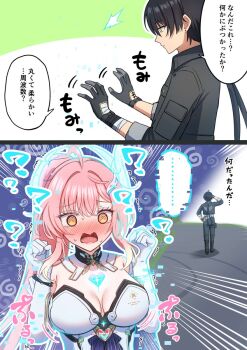 Rule 34 | 1boy, 1girl, ?, @ @, aemeath (wuthering waves), bare shoulders, black gloves, black hair, black jacket, blush, breasts, cleavage, commentary request, dobu jelly, elbow gloves, gloves, grabbing another's breast, groping, hands up, highres, jacket, long hair, male rover (wuthering waves), medium breasts, open mouth, pink hair, rover (wuthering waves), tacet mark (wuthering waves), translation request, white gloves, wuthering waves